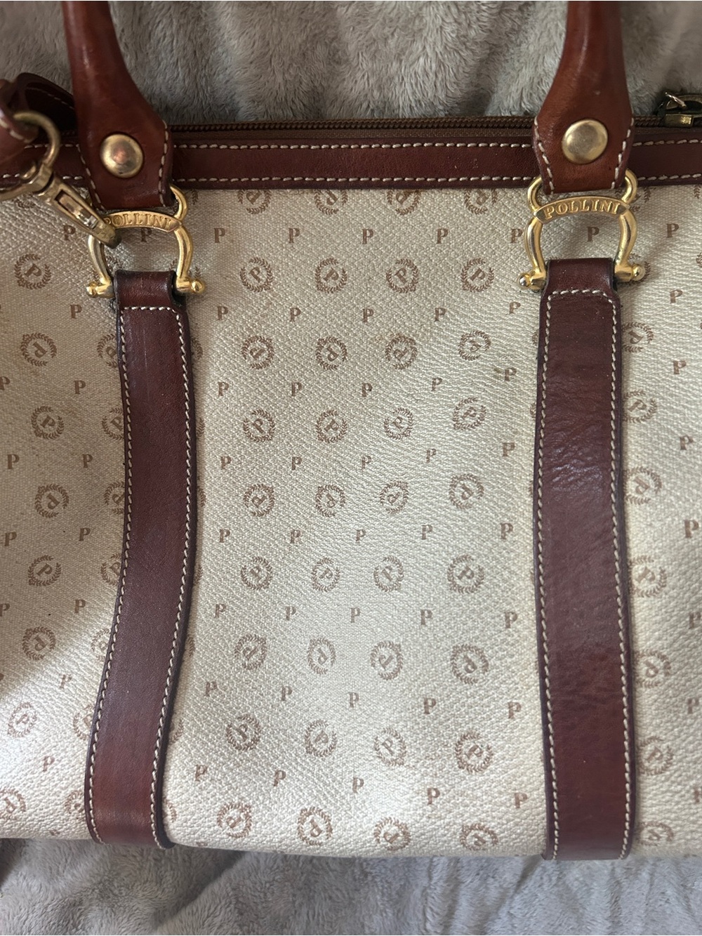 Pollini Satchel Bag Purse Brown Vintage Italian Leather Monogram Double Handle - Picture 9 of 12